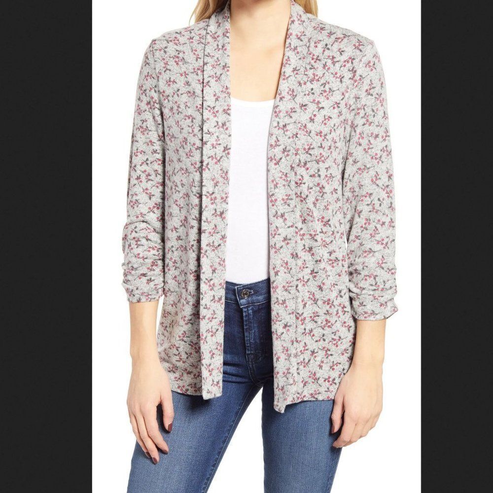 Bobeau Berry Patterned Hacci Open‎ Front Cardigan